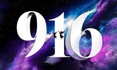 Create a stunning image of the number 916 with angels and a cosmic background.