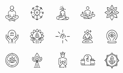 Yoga and meditation icons in line art, black outlines on white, minimalist vector style