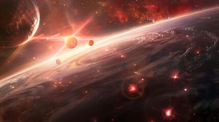 A fiery, red planet with glowing stars and a distant ringed planet in a fantastical galaxy.