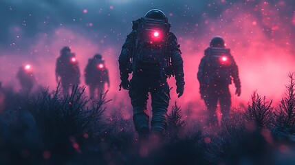 Fototapeta premium Astronauts exploring a mysterious, foggy landscape.
