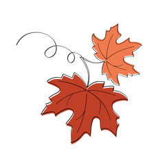 Continuous one line drawing of maple leaf. Maple leaves line art in autumn. Minimalist black linear sketch isolated on white background. Hand drawn vector illustration.	