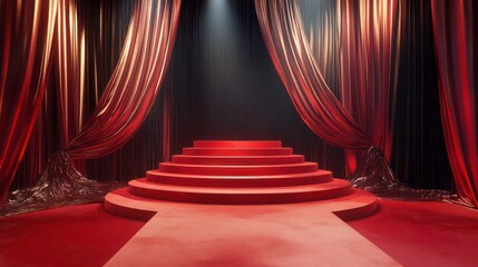 Red velvet stage with spotlight and curtains.