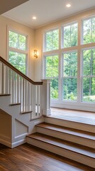 Obraz premium Modern Staircase with Large Windows and Wooden Floor
