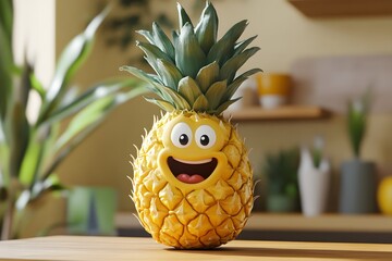 3D cartoon illustration of cute animated smiling tropical pineapple fruit with happy face