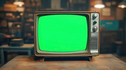 Vintage television with green screen on a table in a workshop setting.