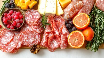 Delicious cured meats and cheeses artfully arranged with fresh fruits and herbs