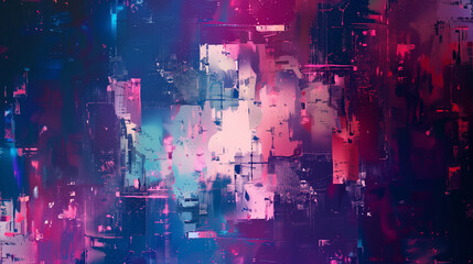 Vibrant abstract digital mosaic of blue, pink, and purple pixelated blocks creating a dynamic geometric design for modern tech.