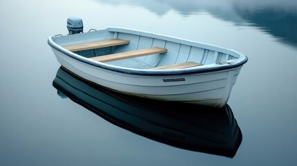 Naklejka premium A small boat gently floats on still lake waters, capturing morning tranquility