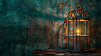 A lone candle burns inside a cage on a wooden table against a weathered teal wall.