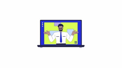 African american office manager laptop screen 2D object animation. Notebook device cartoon 4K video, alpha channel. Corporate boss hosting online meeting animated flat item on white background