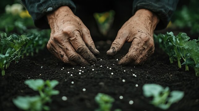 A farmer's soiled hands meticulously sow seeds in the fertile soil of a backyard vegetable bed, symbolizing the dedication and attention required in agriculture and plant care. 