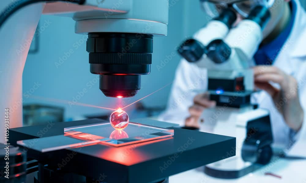 Poster scientist examines small object with laser under microscope.