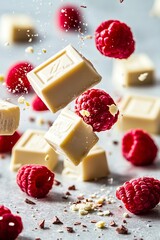 Pile of white chocolate with raspberries falling out of it