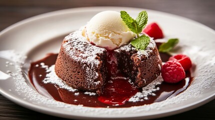 A decadent molten lava cake with rich chocolate oozing out, served on a white plate with a scoop of vanilla ice cream, Lava cake centered