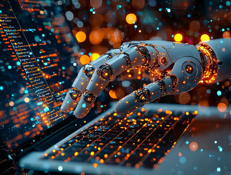 robotic hand with visible gears and wires types on laptop keyboard, surrounded by glowing digital code and bokeh lights, creating futuristic and technological atmosphere