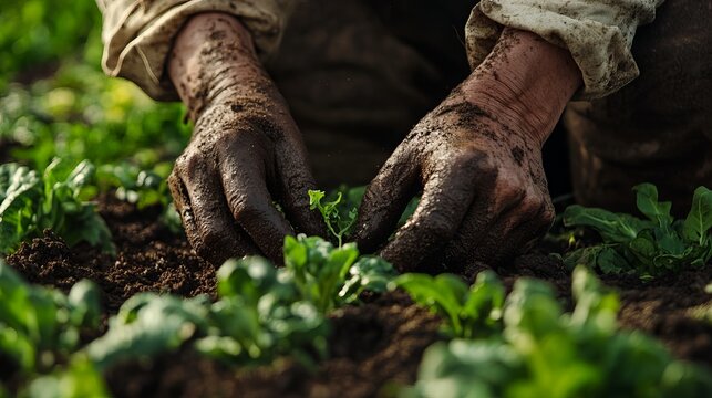 A farmer's soiled hands meticulously sow seeds in the fertile soil of a backyard vegetable bed, symbolizing the dedication and attention required in agriculture and plant care. 