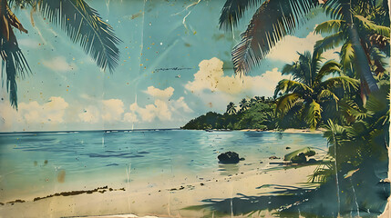 Old, faded, vintage postcard image of tropical beach and palm trees.