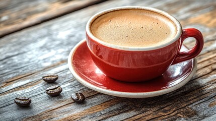 Fototapeta premium A warm cup of coffee sits beside scattered coffee beans on weathered wood
