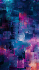 Futuristic abstract mosaic design with vibrant blue and pink pixelated squares, representing modern digital technology and innovation.