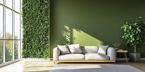 Fototapeta premium Modern Living Room Interior Design with Green Wall and White Sofa