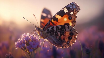 Obraz premium Butterfly resting on a flower at sunset.