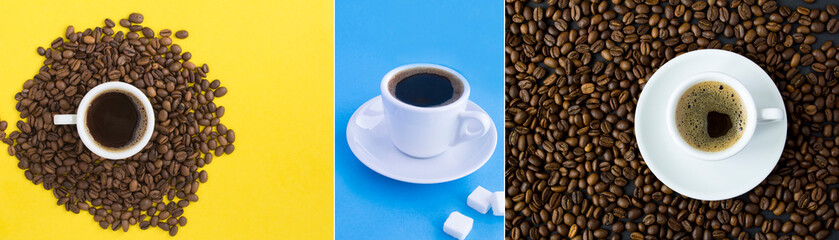 Coffee collage. White coffee cup and coffee beans on the colored background.