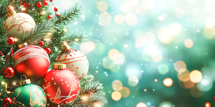 Beautifully decorated christmas tree with vibrant ornaments and soft bokeh background for a festive atmosphere