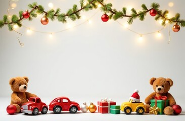 Obraz premium a text frame made of colorful children's toys, teddy bears, toy cars, balloons, cute, with golden garlands, on a white Christmas background, festive golden bokeh