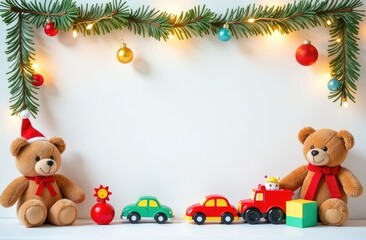 a text frame made of colorful children's toys, teddy bears, toy cars, balloons, cute, with golden garlands, on a white Christmas background, festive golden bokeh