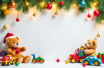 a text frame made of colorful children's toys, teddy bears, toy cars, balloons, cute, with golden garlands, on a white Christmas background, festive golden bokeh