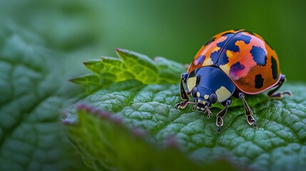 Fototapeta premium A ladybug, with its intricate patterns and vibrant colors, rests gracefully on a verdant leaf. This stunning creature embodies the vibrant beauty of nature's artistry. 