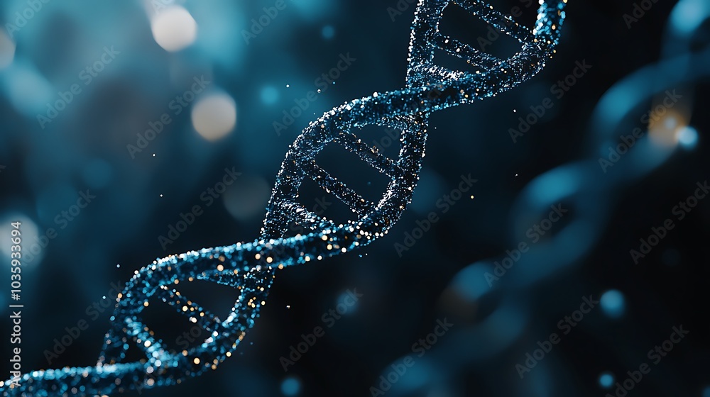 Poster a detailed close-up of a dna double helix structure, highlighted by luminous particles and a dynamic