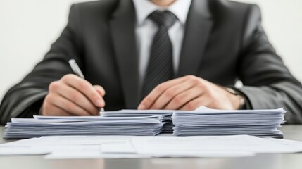 A recruiter sitting at a desk with a stack of resumes, reviewing them carefully, against a solid white background