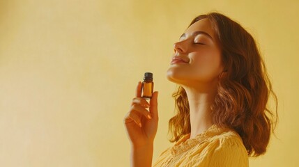 Fototapeta premium A woman gently holding a small bottle of essential oils, about to use it for relaxation