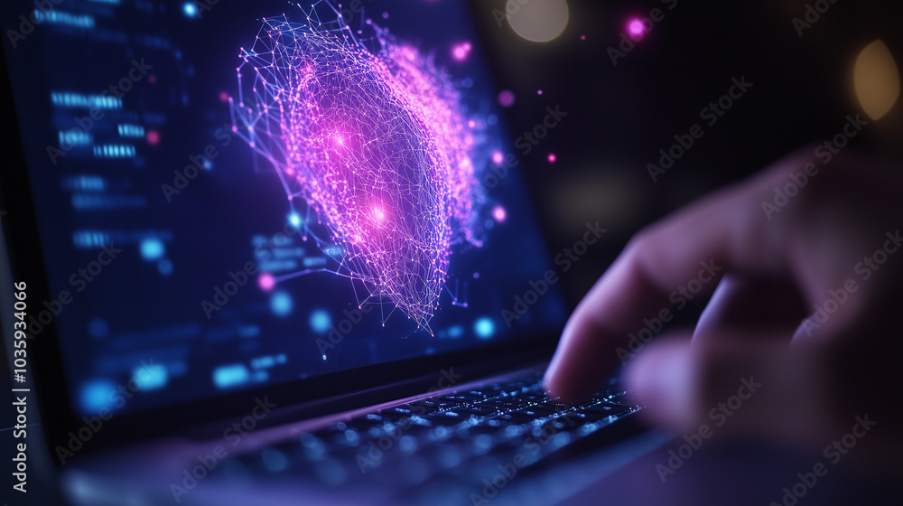 Poster person using laptop for big data analysis and ai technology