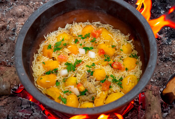 Traditional Brazilian dish rice, chicken and pequi (caryocar brasileinse) known as galinhada goiana