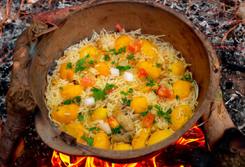 Traditional Brazilian dish rice, chicken and pequi (caryocar brasileinse) known as galinhada goiana