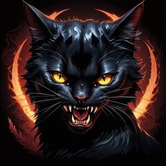 Portrait of a black evil toothed demonic cat.
