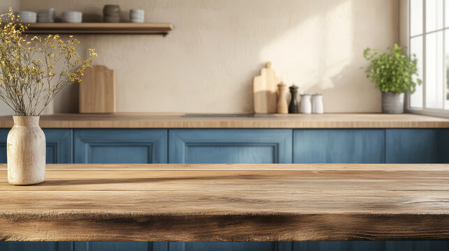 rustic wooden table in foreground with blue kitchen cabinets in background, creating cozy and inviting atmosphere. Sunlight streams through window, highlighting natural textures