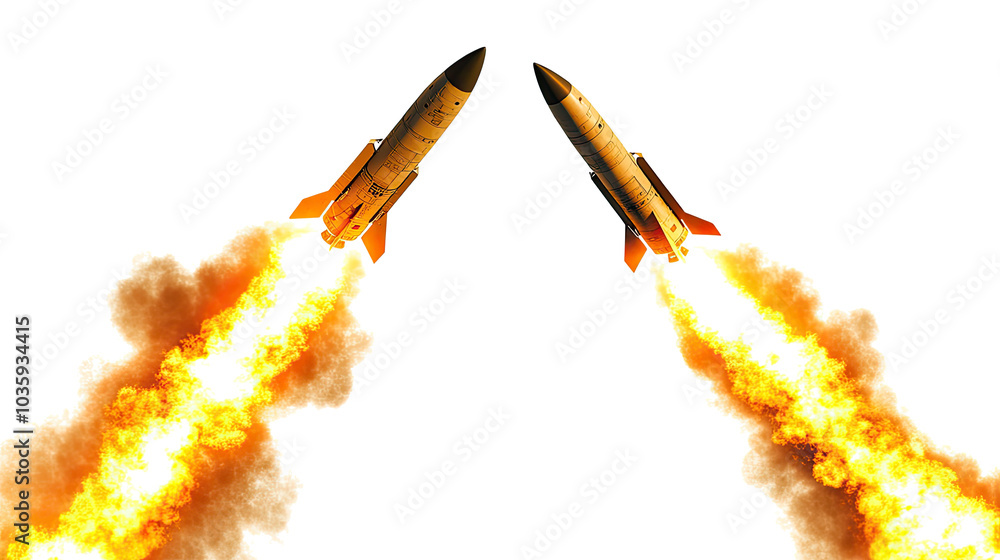 Poster two rockets are ascending trailing flames as they launch into the sky generative ai