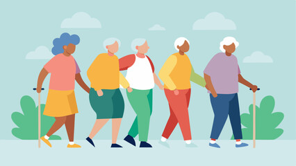 Fototapeta premium Walking Group An illustration of seniors walking together in a park or around the center enjoying the fresh air while holding hands or using walk aids promoting physical activity