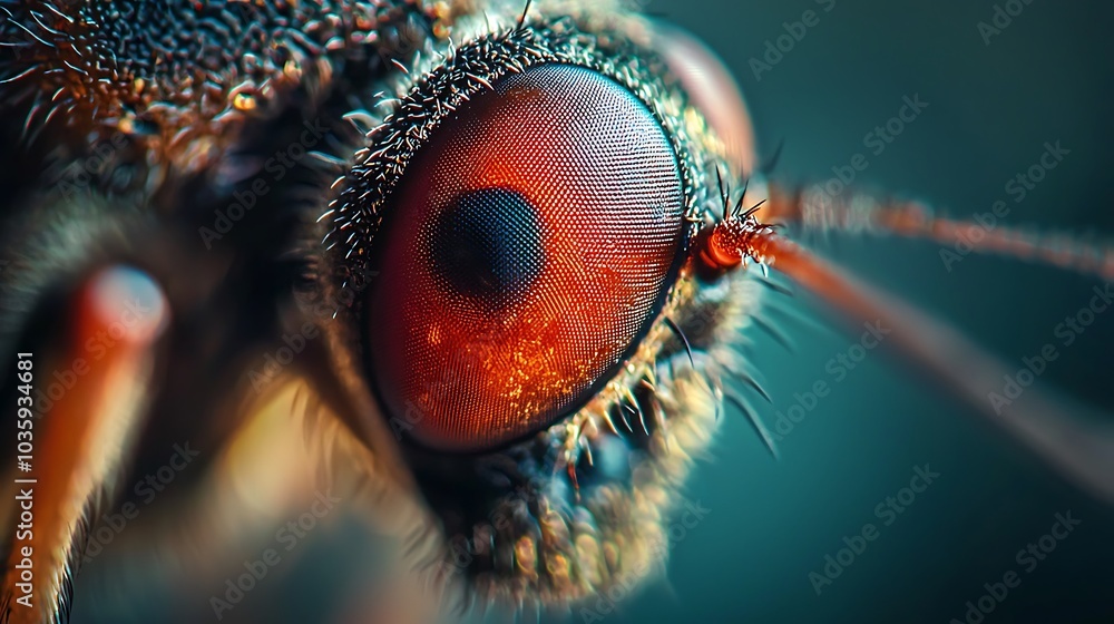 Poster a close-up image of an insect's eye, showcasing intricate details and vibrant colors that highlight 