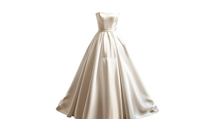 A simple white satin strapless ball gown with a belt.
