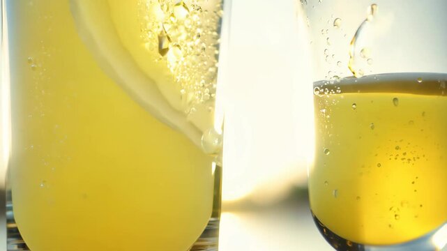 The camera zooms in on a tray of freshly poured Limoncello shots, sparkling under natural sunlight.