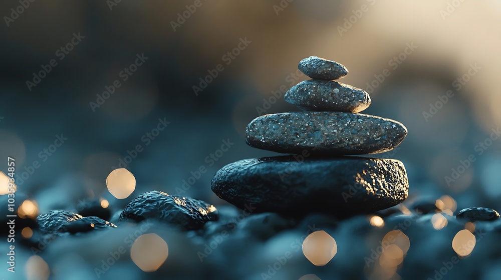 Poster a stack of smooth stones balanced on a textured surface, evoking tranquility and harmony in a serene