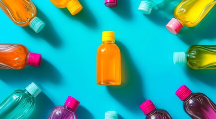 A group of colorful plastic bottles on a blue background