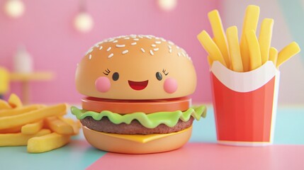 A happy cartoon burger with a toothy grin sits next to a red box of french fries.