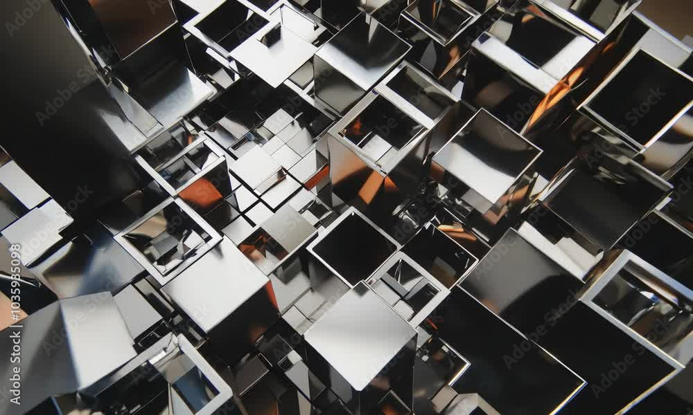 Poster metallic cubes create dynamic abstract composition with light and shadows.