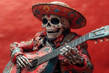 Skeleton Wearing Sombrero Playing Guitar.
