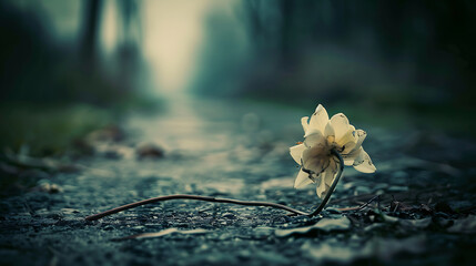 A single white flower lies on a path in a forest, creating a mood of solitude and beauty.